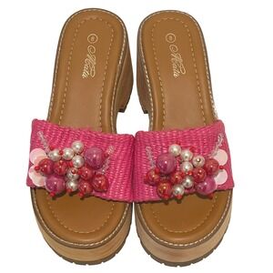 Acata Platform Wedge Sandals 8 Pink Raffia Beaded Embellished Slip On‎ Slides